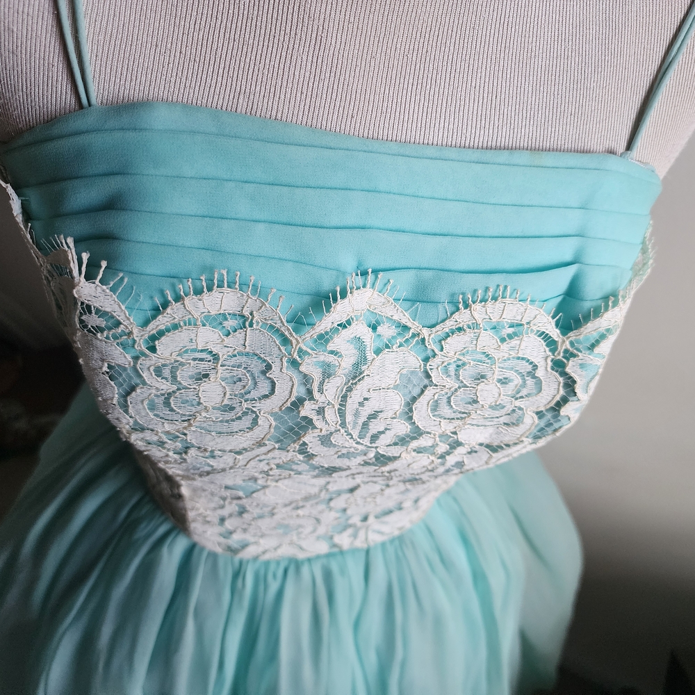 Rare 1950s Pinup Vintage Blue Chiffon Fit & Flare Dress White Lace Shelf Bust S - Picture 7 of 14
